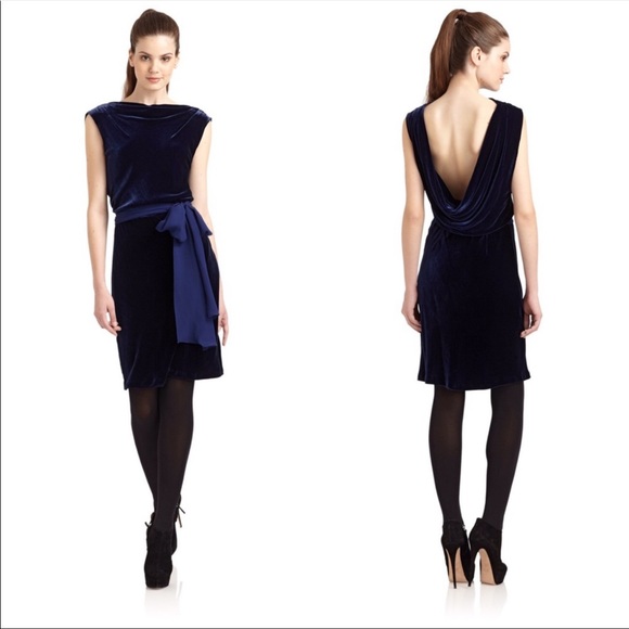 BCBGMaxAzria blue velvet drape back dress. - Picture 2 of 4